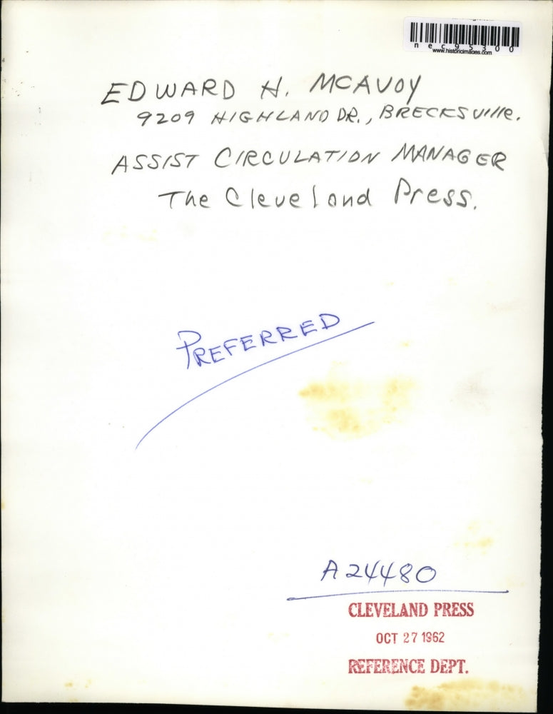 1962 Press Photo Edward H McAvoy asst Circulation mgr Cleveland Press