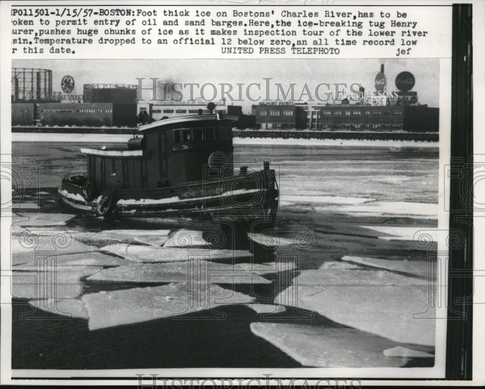 1957 Press Photo Foot thick ice on Boston's Charles River