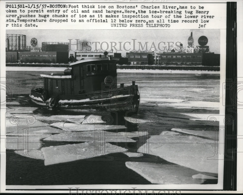 Load image into Gallery viewer, 1957 Press Photo Foot thick ice on Boston's Charles River
