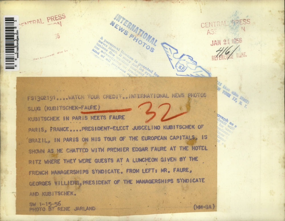 1956 Press Photo Paris France Juscelino Kubitschek President Brazil European