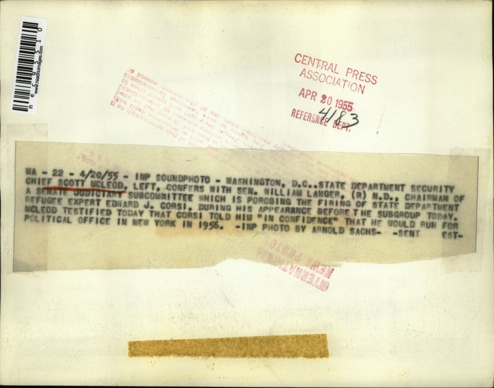 1955 Press Photo Wash DC Scott McLeod & Sen William Langer of ND - nec95510