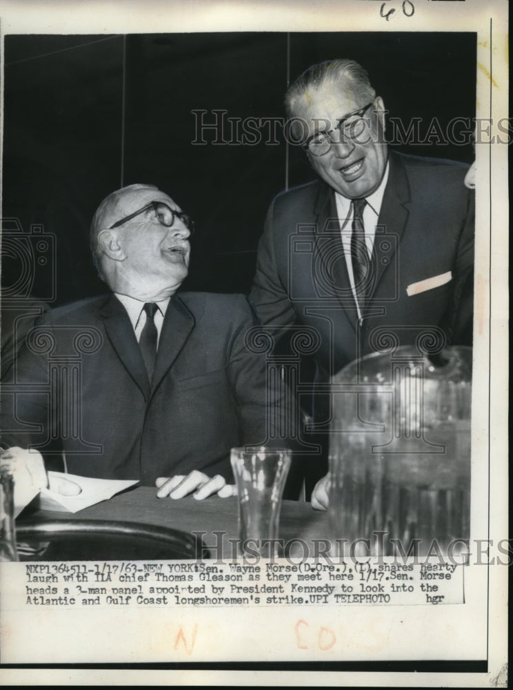 Load image into Gallery viewer, 1963 Press Photo Sen. Wayne Morse laughing with Chief Thomas Gleason - nec95578
