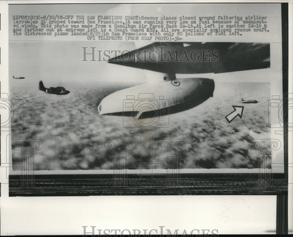 1958 Press Photo Rescue planes flying close to the low fuel liner