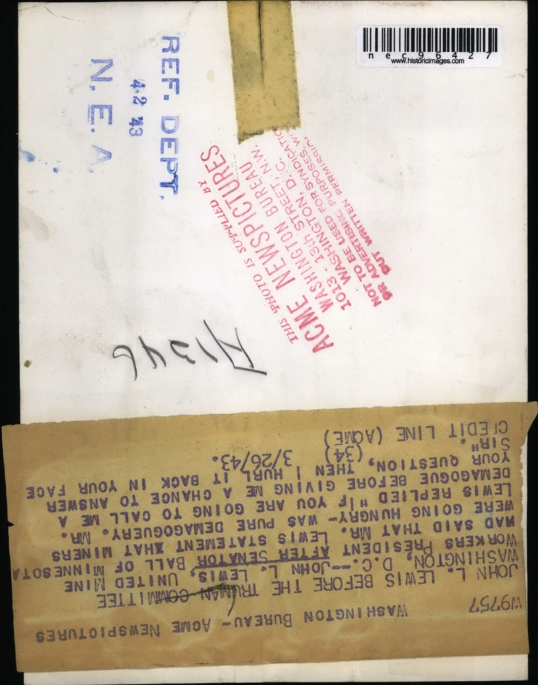 1943 Press Photo John L. Lewis of United Mine Workers Before Truman Committee