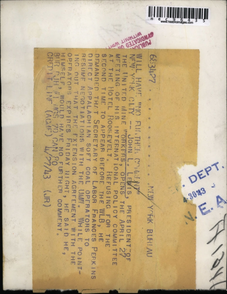 1943 Press Photo UMW Pres. Lewis at a meeting of the International Policy Com.