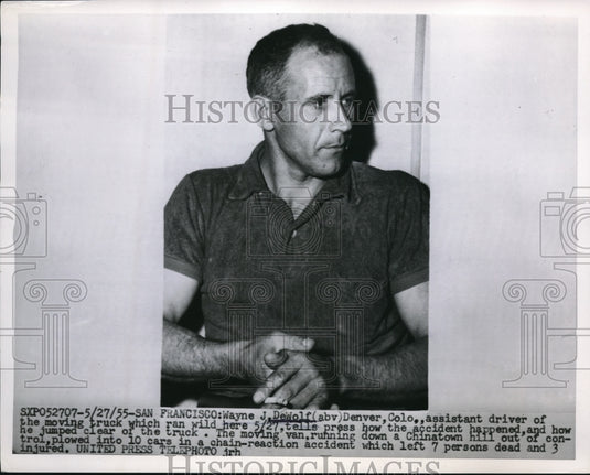 1955 Press Photo Assistant driver of the killer truck in Denver Wayne J DeWolf