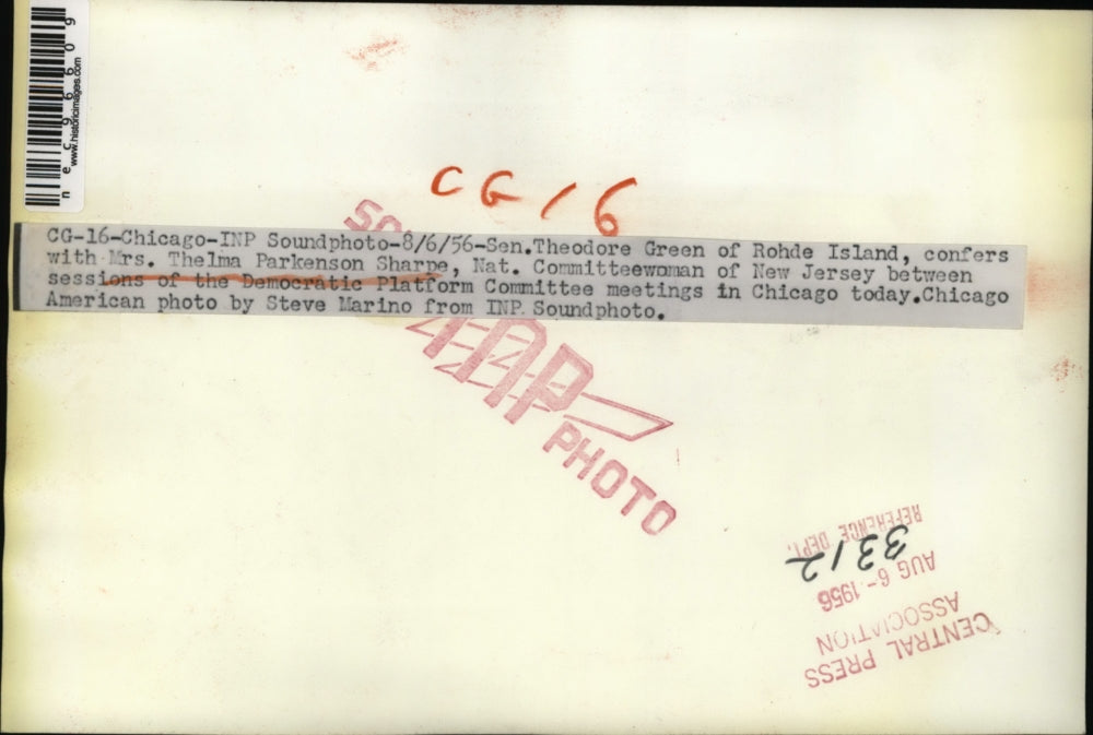 1956 Press Photo Sen Theodore Green and Mrs Thelma Parkenson Sharpe