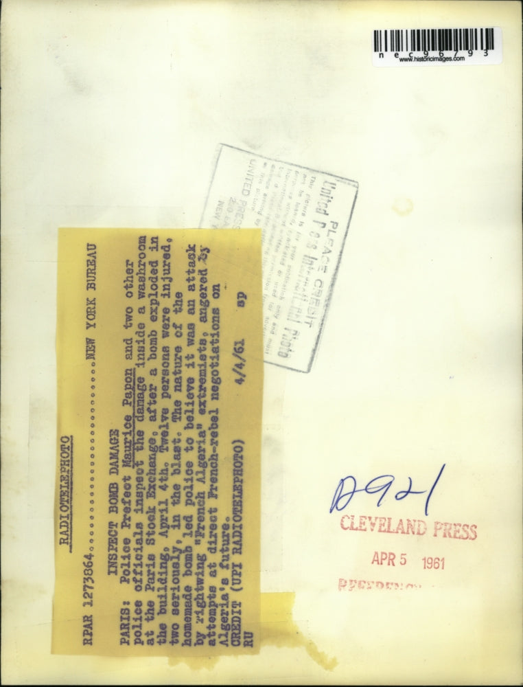 1961 Press Photo Maurice Papon Inspects Bomb Damage at Paris Stock Exchange