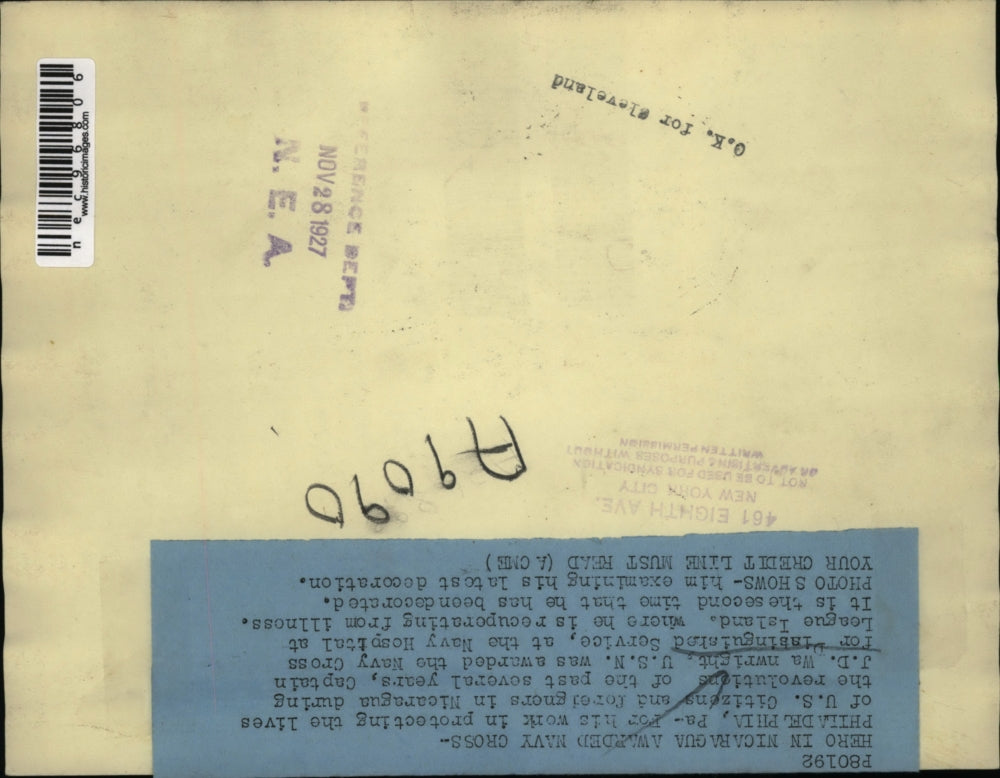 1927 Press Photo Philadelphia JD Wainwright Navy Hospital - nec96806