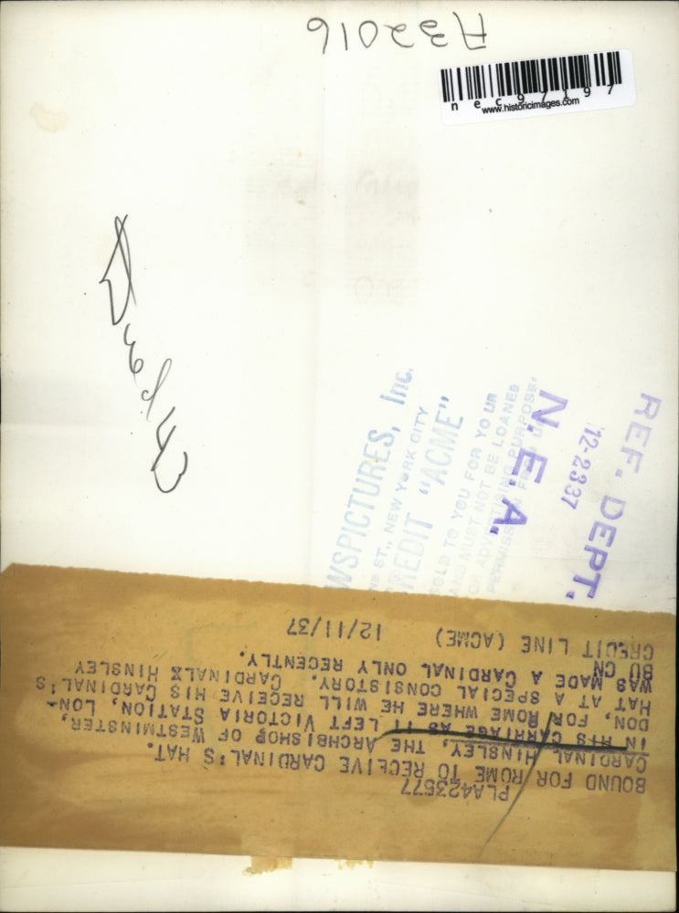 1937 Press Photo Westminster Archbishop Cardinal Hinsley to Rome