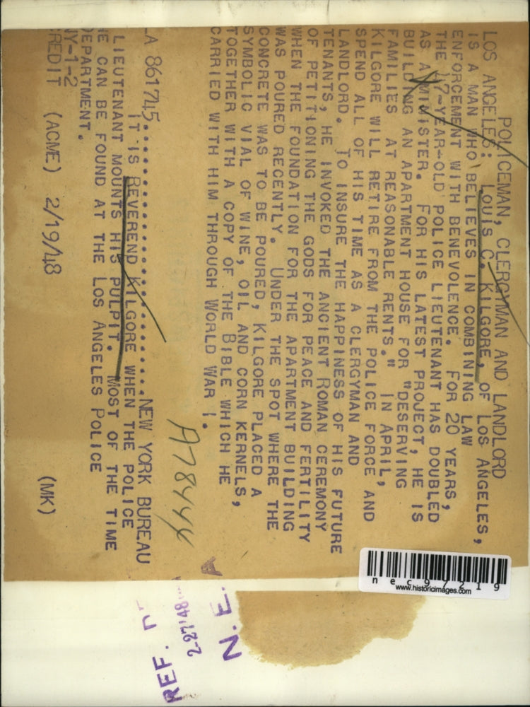 1948 Press Photo Louis Kilgore as a policeman, a minister and a landlord