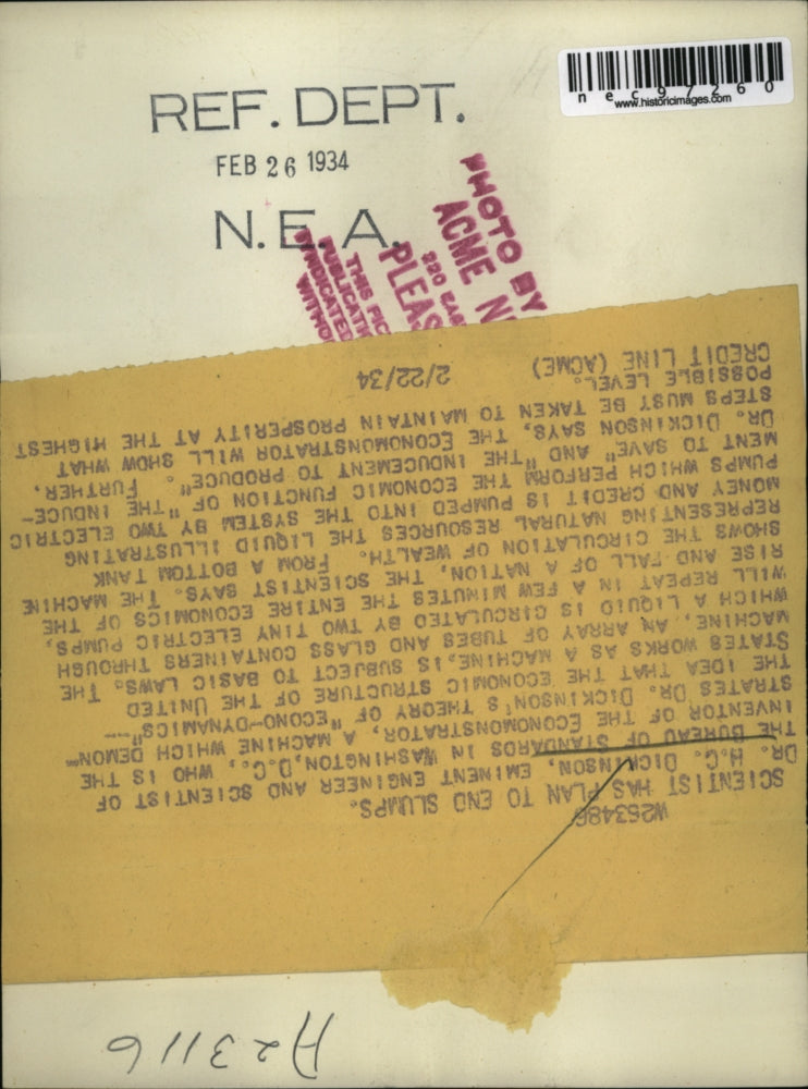 1934 Press Photo Scientist Dr HC Dickinson, inventor of Economonnstrator