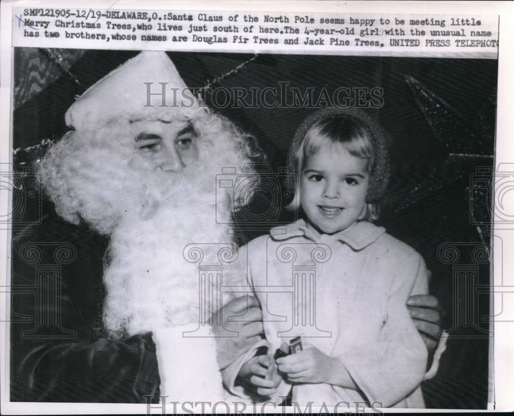 1958 Press Photo Delaware Ohio Santa Claus & little girl named Merry Christmas