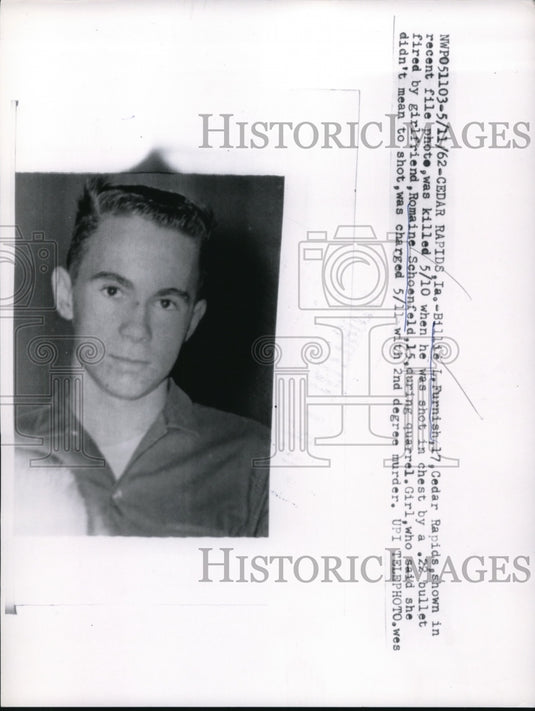1962 Press Photo Bill Furnish shot to death by his girlfriend Schoenfeld