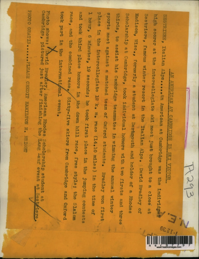 1939 Press Photo American Rhodes Scholarship Student David Bradley