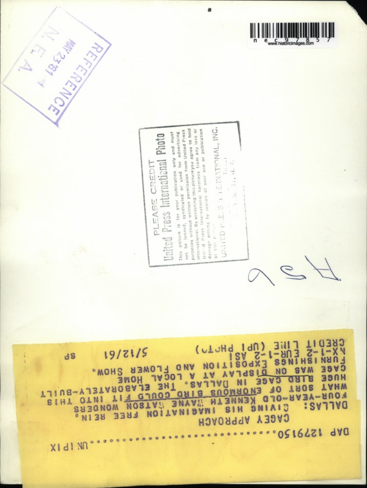 1961 Press Photo Kenneth Wayne Watson plays in a huge bird cage in Dallas