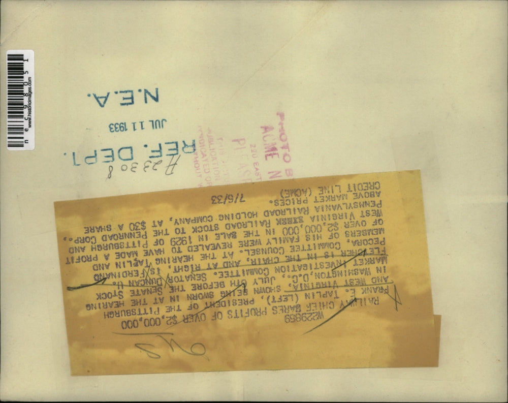 1933 Press Photo Frank R.Taplin being sworn at Senate Stock Market Investigation