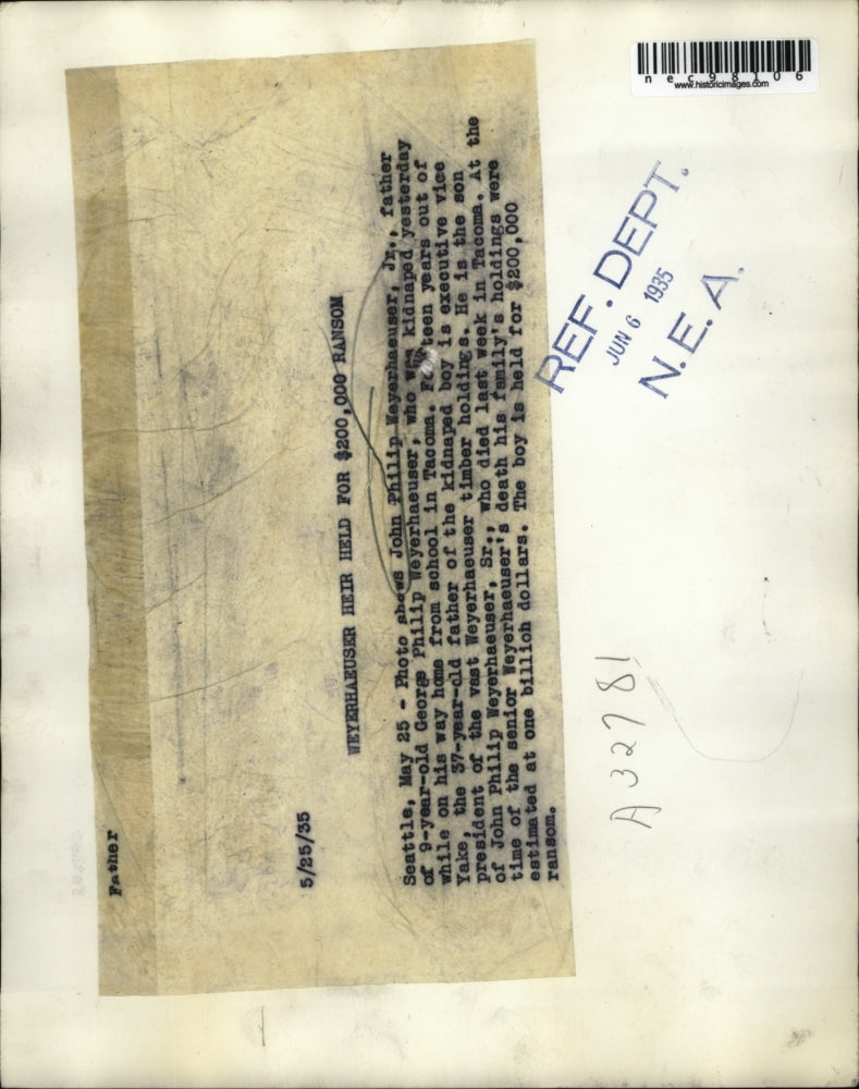 1935 Press Photo John Philip Wayerhaeuser Jr. Heir kidnapped in Tacoma.