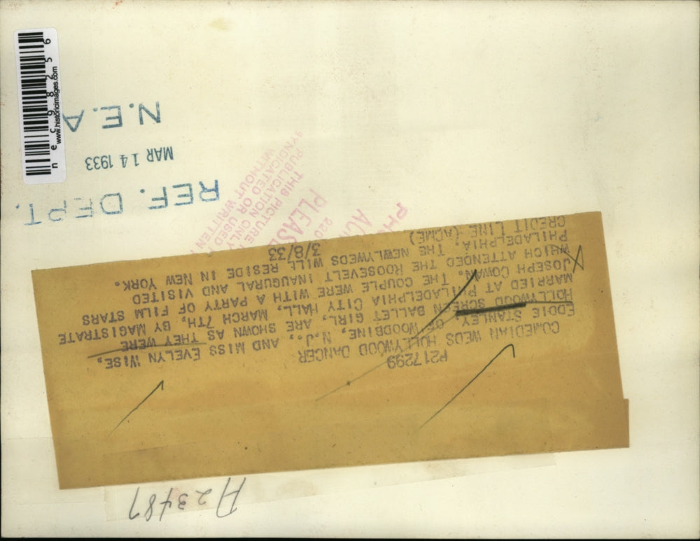 1933 Press Photo Eddie Stanley and Evelyn Wise Married by Joseph Cowan