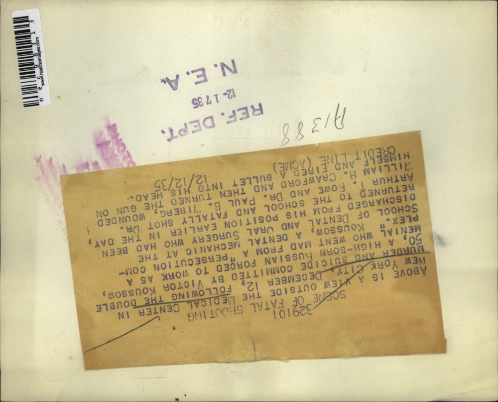 1935 Press Photo NYC Med Center scene of murder/suicide Dr A Rowe, Wm Crawford