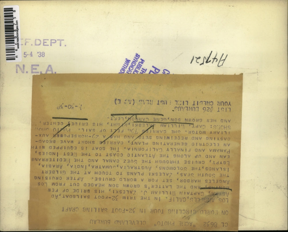 1938 Press Photo La Calif Sailboat Ad Astra, Capt Wm Zaleski, bride & her son