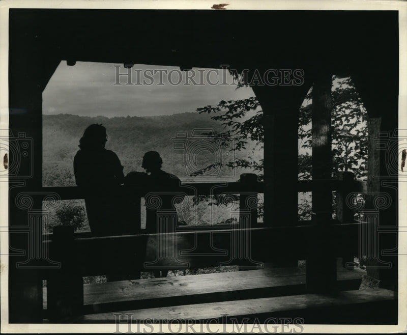 Load image into Gallery viewer, 1939 Press Photo Vistors on a porch look at autumn's fall foliage
