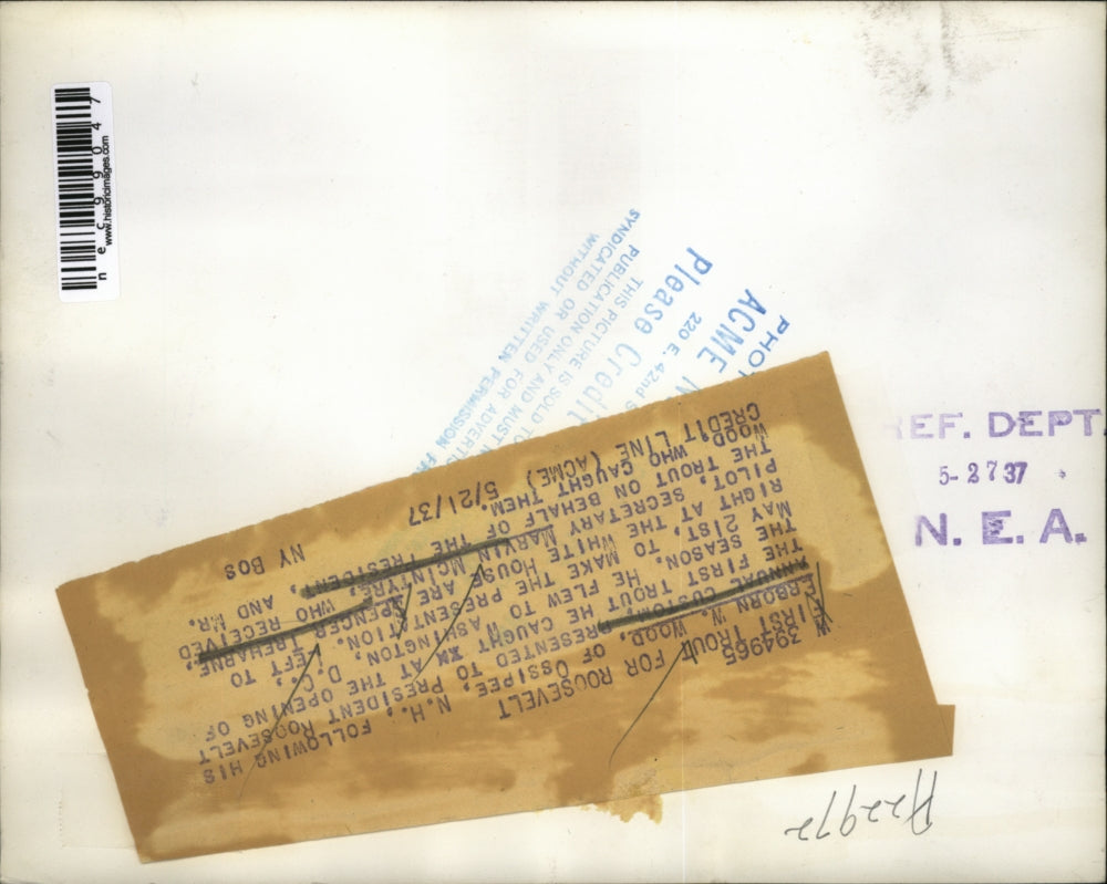 1937 Press Photo Wood presented to Roosevelt the first trout he caught