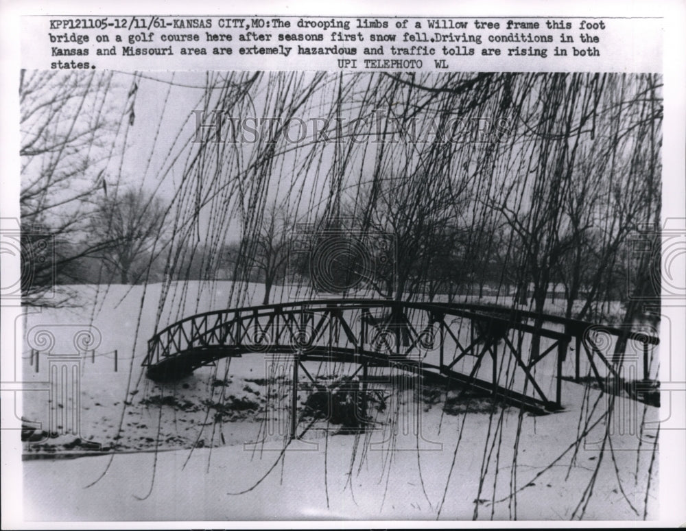1961 Press Photo Drooping limbs of Willow tree on the foot bridge on golf course