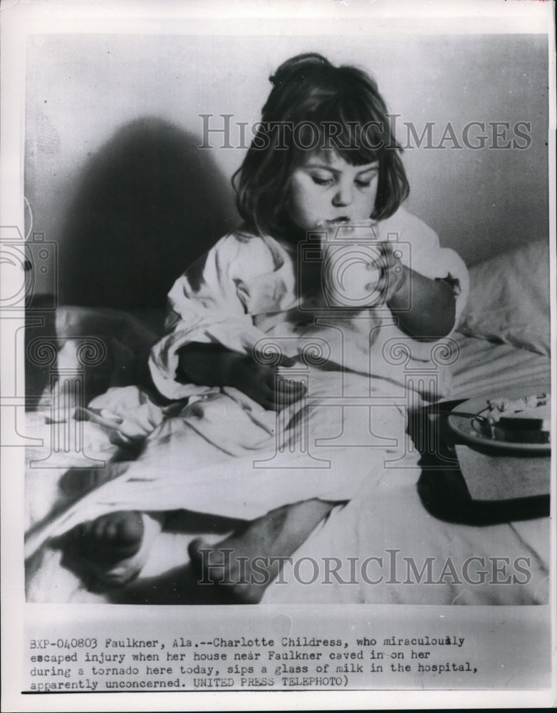 1957 Press Photo Charlotte Childress survives tornado at home, Faulkner AL