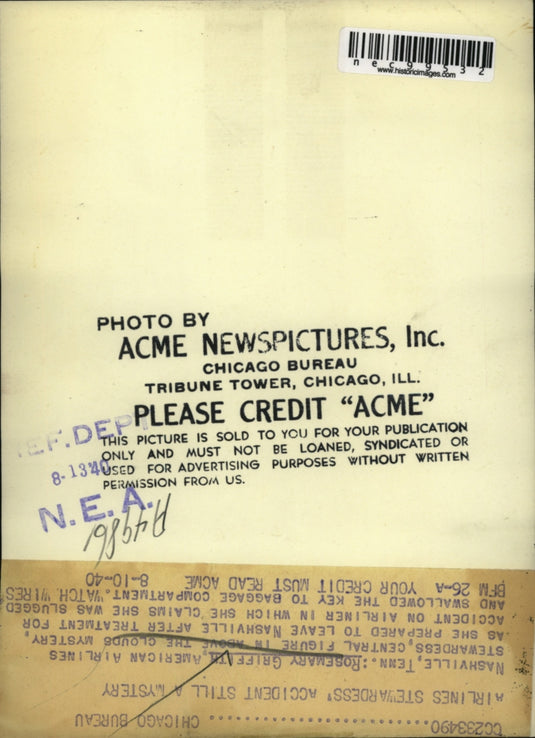 1940 Press Photo Rosemary Griffith, American Airlines Stewardess Accident
