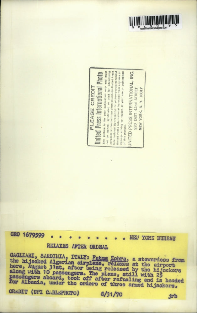 1970 Press Photo Cagliari Sardinia Italy Fatma Zohra safe from hijacking