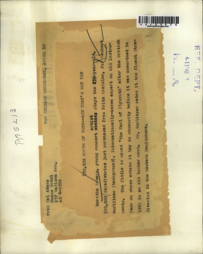 1946 Press Photo Dorotha Powers plays the 235 year old Stradivarius. - nec99636