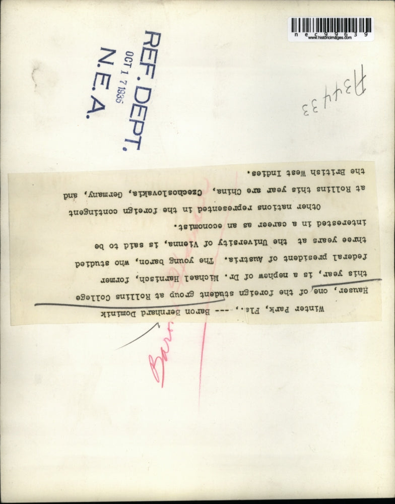 1935 Press Photo Baron Bernhard Dominik Hauser a foreign student at Rollins