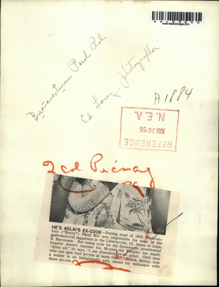 1956 Press Photo Benaventura Parel Rol cook for Adlai Stevenson in Illl.