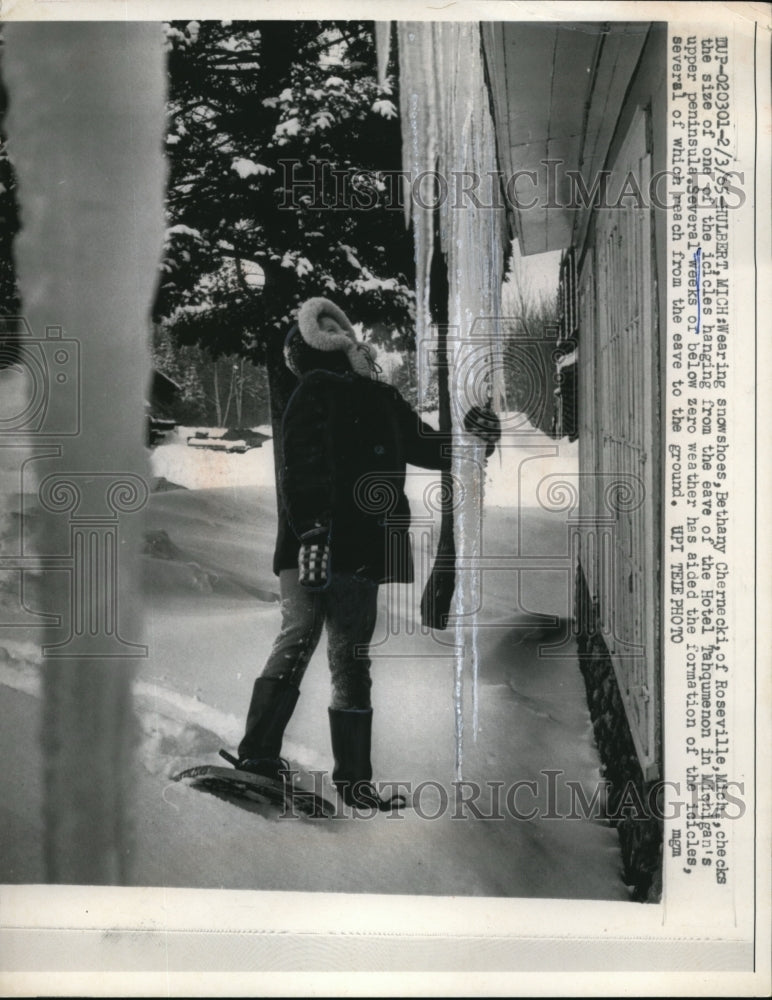 1965 Press Photo Bethany Chernecki checking out the icicles hanging