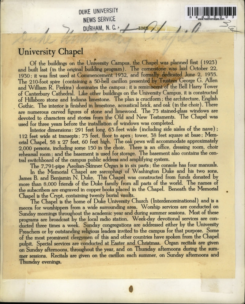Load image into Gallery viewer, Press Photo University Chapel at Duke Univ in Durham NC
