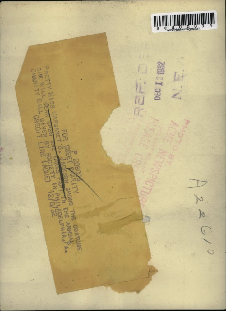 1932 Press Photo Margaret B Jackson in costume for Charity Ball in Pa