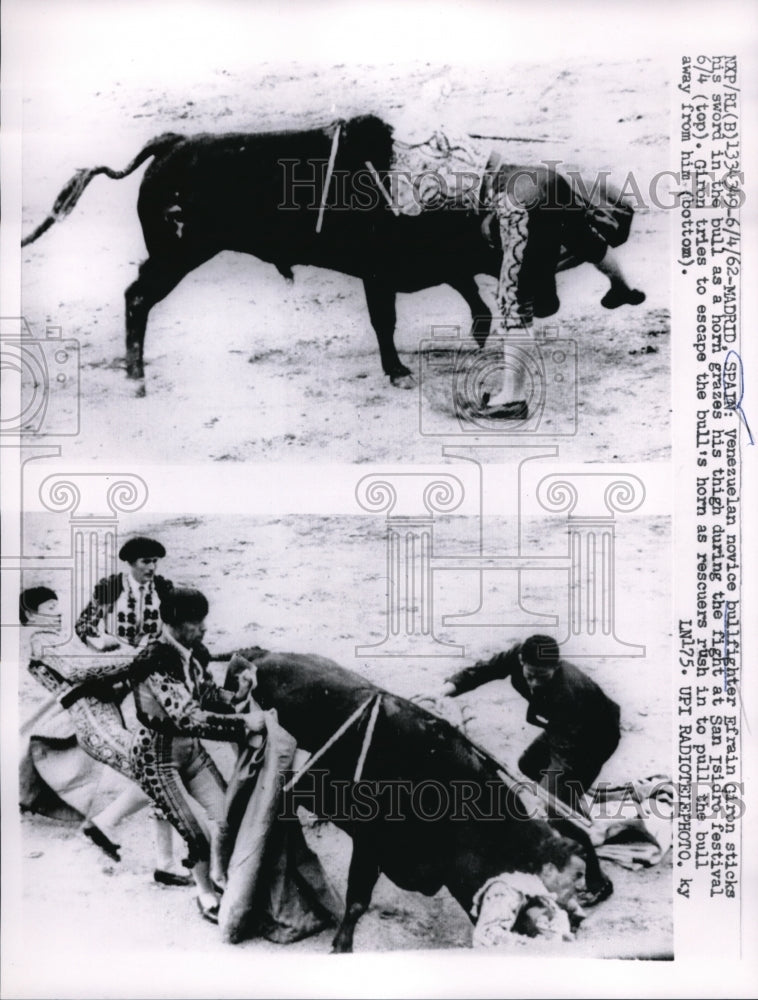 1962 Press Photo Madrid Spain Venezuelan novice bullfighter Efrain Giron