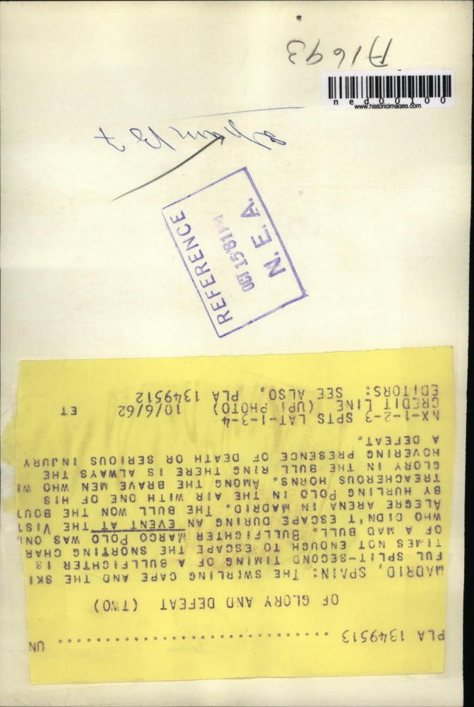 1962 Press Photo Madrid Spain Bullfighter Marco Polo didn't escape