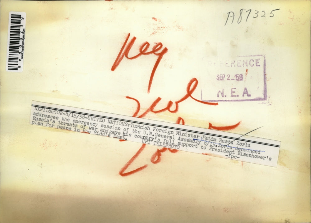 1958 Press Photo United Nations Turkish Minister Addresses Emergency UN session