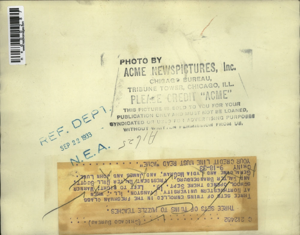 1933 Press Photo 3 sets of twins enroll at Northwestern University, Evanston IL