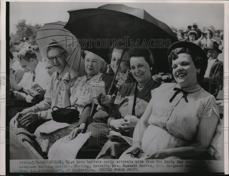 Load image into Gallery viewer, 1952 Press Photo Lawn terrace early arrivals hide from the Derby Day sun.

