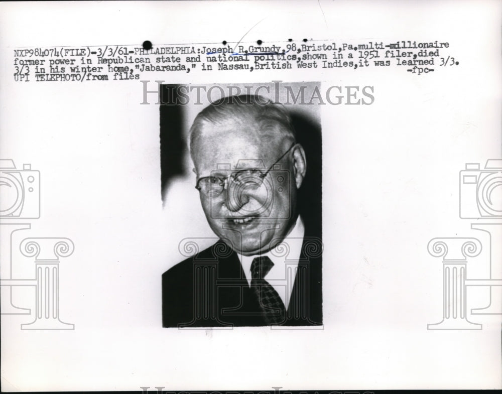 1961 Press Photo Philadelphia Joesph Grundy dies