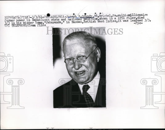 1961 Press Photo Philadelphia Joesph Grundy dies