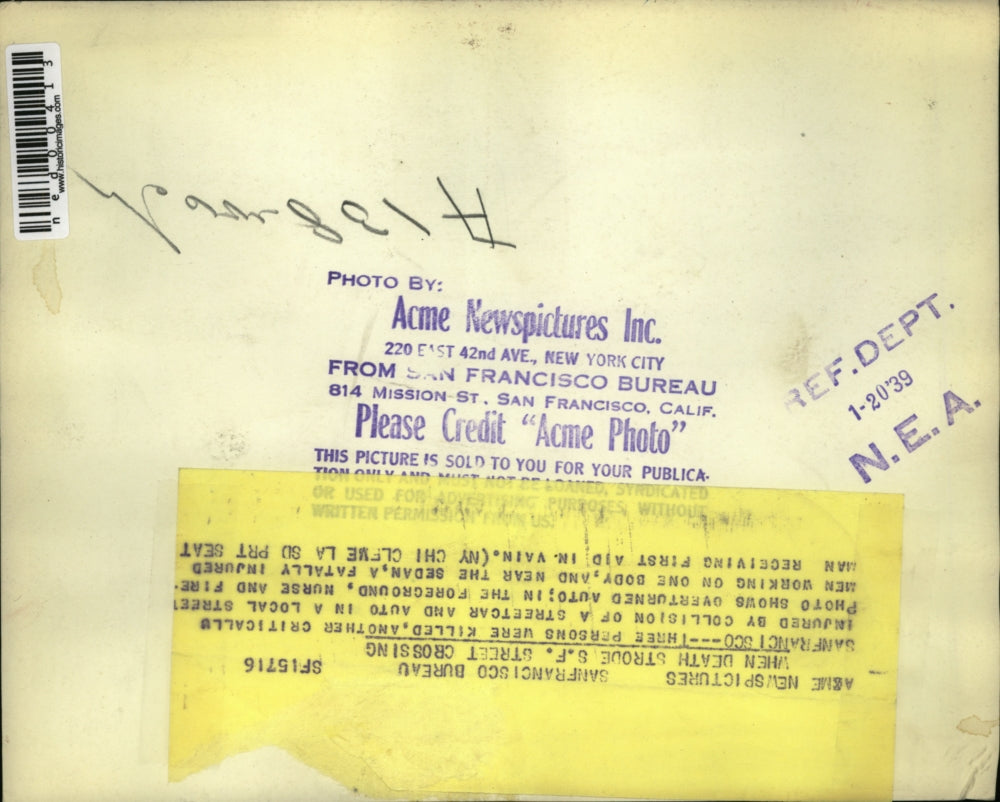 1939 Press Photo San Francisco 3 killed, 1 critically injured by collision