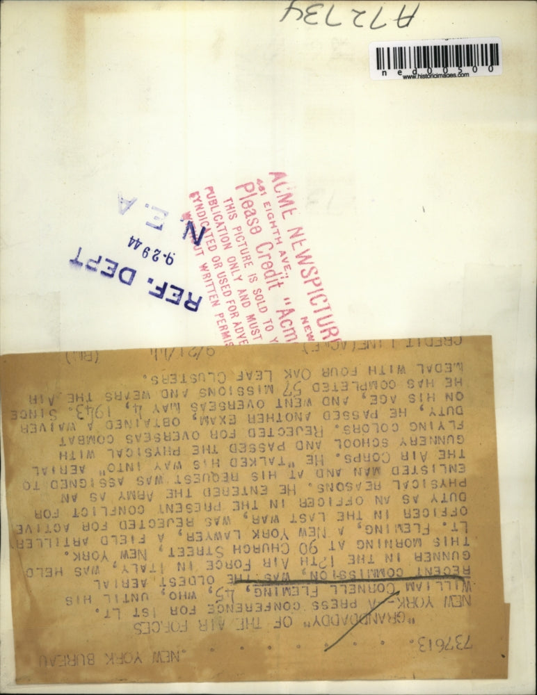 1944 Press Photo NYC 1st Lt William Cornell Fleming after 57 missions