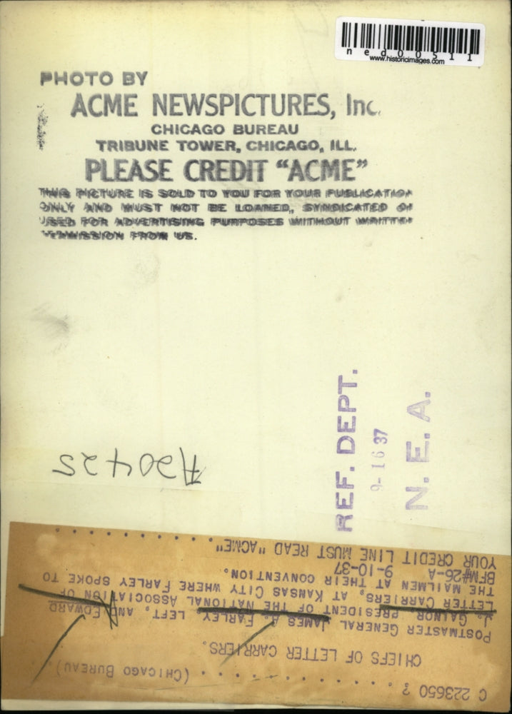 1937 Press Photo Postmaster Gen J Farley, EGainor pre of Natl Assoc of Carriers