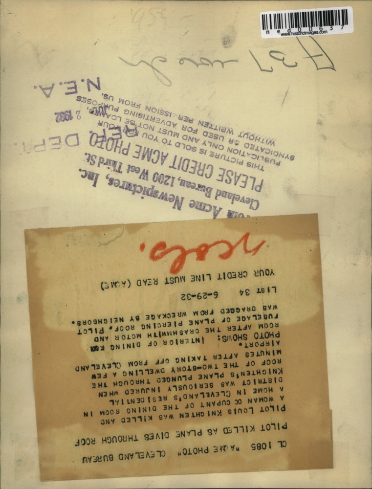 1932 Press Photo Pilot Louis Knighten and homeowner killed in roof plane crash