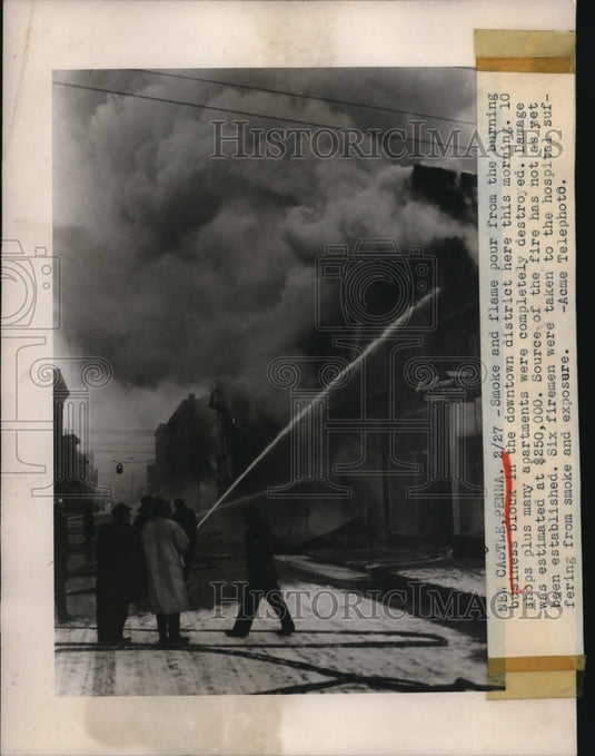 1950 Press Photo Burning business block in Castle, Pennsyvania