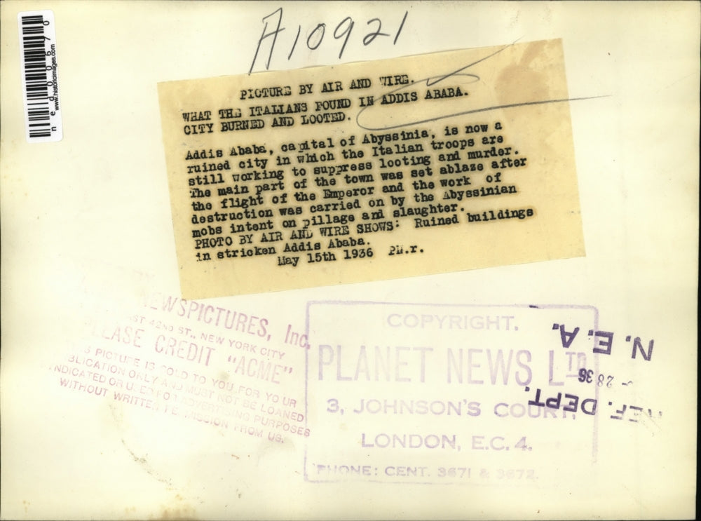 1936 Press Photo Ruined city or Addis Ababa